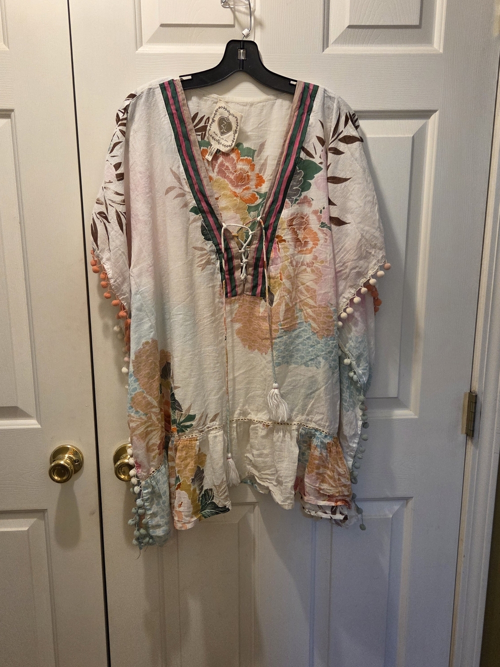 Floral Pom-Pom Tie-Front Tunic Top - White Multi
